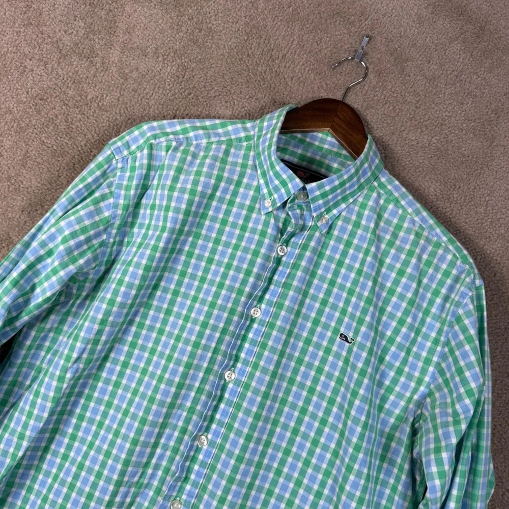 Vineyard Vines Button Down Mens Large Green Blue Gingham Whale Shirt Casual
